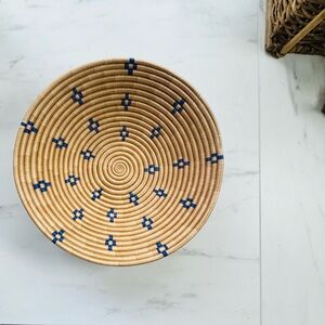 Handwoven Rwandan Basket Bowl, Blue & Natural African Sisal Boho Decor 12-13”